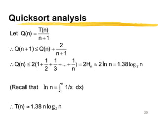 20
Quicksort analysis
n
n
1.38
T(n)
dx)
1/x
n
that
(Recall
n
38
1
n
2
2H
n
1
3
1
2
1
2(1
Q(n)
1
n
2
Q(n)
1)
Q(n
1
n
T(n)
Q(n)
Let
2
n
2
n
log
ln
ln
1
log
.
)
...




















 