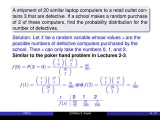 A shipment of 20 similar laptop computers to a retail outlet con-
tains 3 that are defective. If a school makes a random purchase
of 2 of these computers, find the probability distribution for the
number of defectives.
Solution: Let X be a random variable whose values x are the
possible numbers of defective computers purchased by the
school. Then x can only take the numbers 0, 1, and 2.
Similar to the poker hand problem in Lectures 2-3,
f(0) = P(X = 0) =

3
0

17
2


20
2
 = 68
95 ,
f(1) =

3
1

17
1


20
2
 = 51
190 and f(2) =

3
2

17
0


20
2
 = 3
190 .
x 0 1 2
f(x) 68
95
51
190
3
190
FECU c Wafaa S. Sayed 14 / 21
 