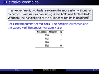 Illustrative examples
In an experiment, two balls are drawn in succession without re-
placement from an urn containing 4 red balls and 3 black balls.
What are the possibilities of the number of red balls obtained?
Let Y be the number of red balls. The possible outcomes and
the values y of the random variable Y are
FECU c Wafaa S. Sayed 3 / 21
 