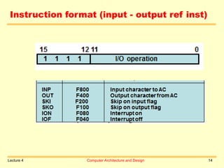 Lecture 4 Computer Architecture and Design 14
Instruction format (input - output ref inst)
 