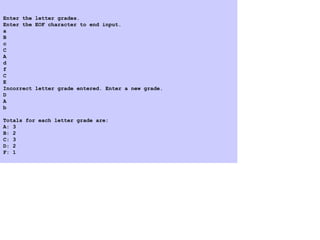 Program Output
Enter the letter grades.
Enter the EOF character to end input.
a
B
c
C
A
d
f
C
E
Incorrect letter grade entered. Enter a new grade.
D
A
b
Totals for each letter grade are:
A: 3
B: 2
C: 3
D: 2
F: 1
 