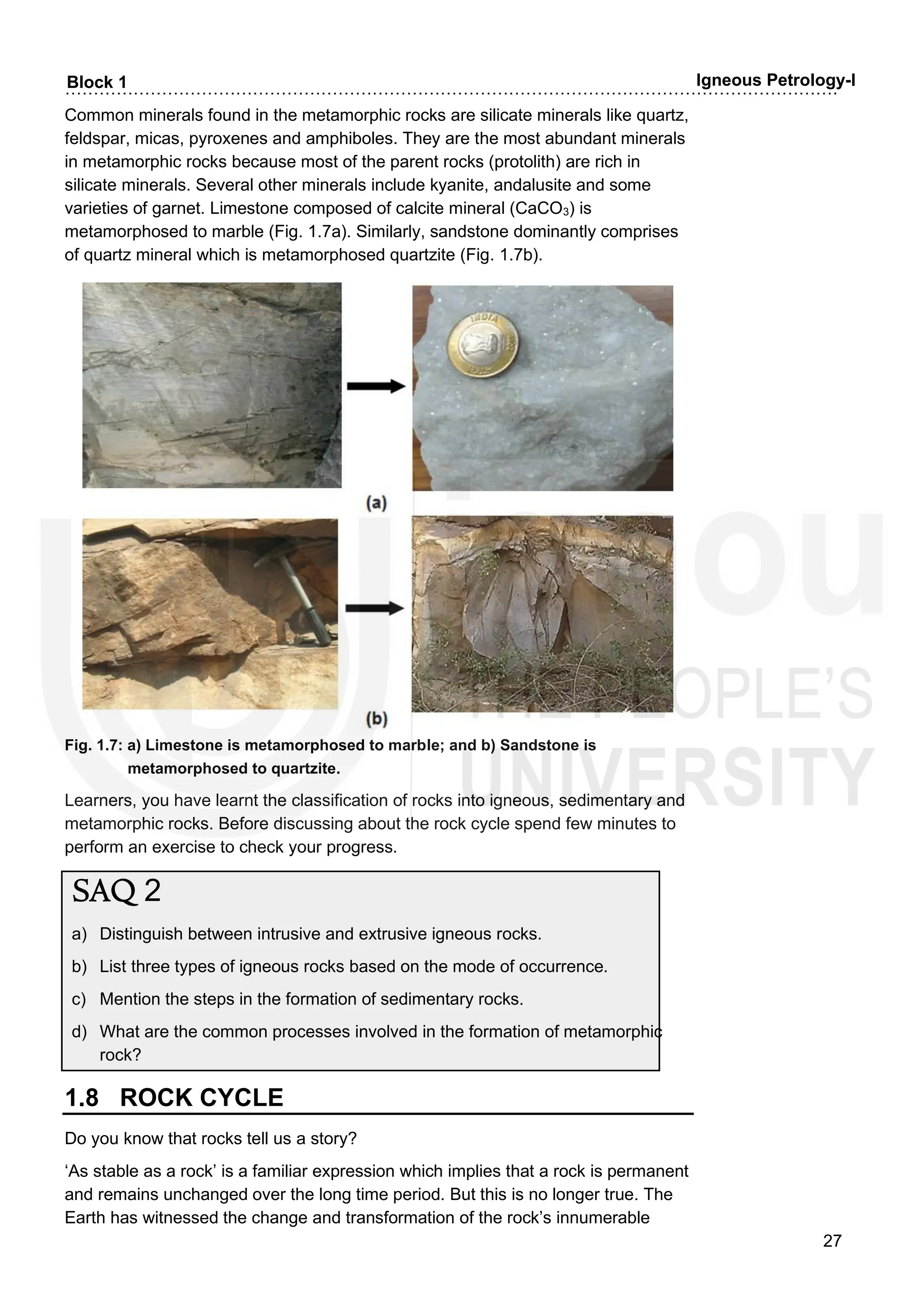 ……………………………………………………………………………………………………………………….
27
Block 1 Igneous Petrology-I
Common minerals found in the metamorphic rocks are silicate minerals like quartz,
feldspar, micas, pyroxenes and amphiboles. They are the most abundant minerals
in metamorphic rocks because most of the parent rocks (protolith) are rich in
silicate minerals. Several other minerals include kyanite, andalusite and some
varieties of garnet. Limestone composed of calcite mineral (CaCO3) is
metamorphosed to marble (Fig. 1.7a). Similarly, sandstone dominantly comprises
of quartz mineral which is metamorphosed quartzite (Fig. 1.7b).
Fig. 1.7: a) Limestone is metamorphosed to marble; and b) Sandstone is
metamorphosed to quartzite.
Learners, you have learnt the classification of rocks into igneous, sedimentary and
metamorphic rocks. Before discussing about the rock cycle spend few minutes to
perform an exercise to check your progress.
SAQ 2
a) Distinguish between intrusive and extrusive igneous rocks.
b) List three types of igneous rocks based on the mode of occurrence.
c) Mention the steps in the formation of sedimentary rocks.
d) What are the common processes involved in the formation of metamorphic
rock?
1.8 ROCK CYCLE
Do you know that rocks tell us a story?
‘As stable as a rock’ is a familiar expression which implies that a rock is permanent
and remains unchanged over the long time period. But this is no longer true. The
Earth has witnessed the change and transformation of the rock’s innumerable
 