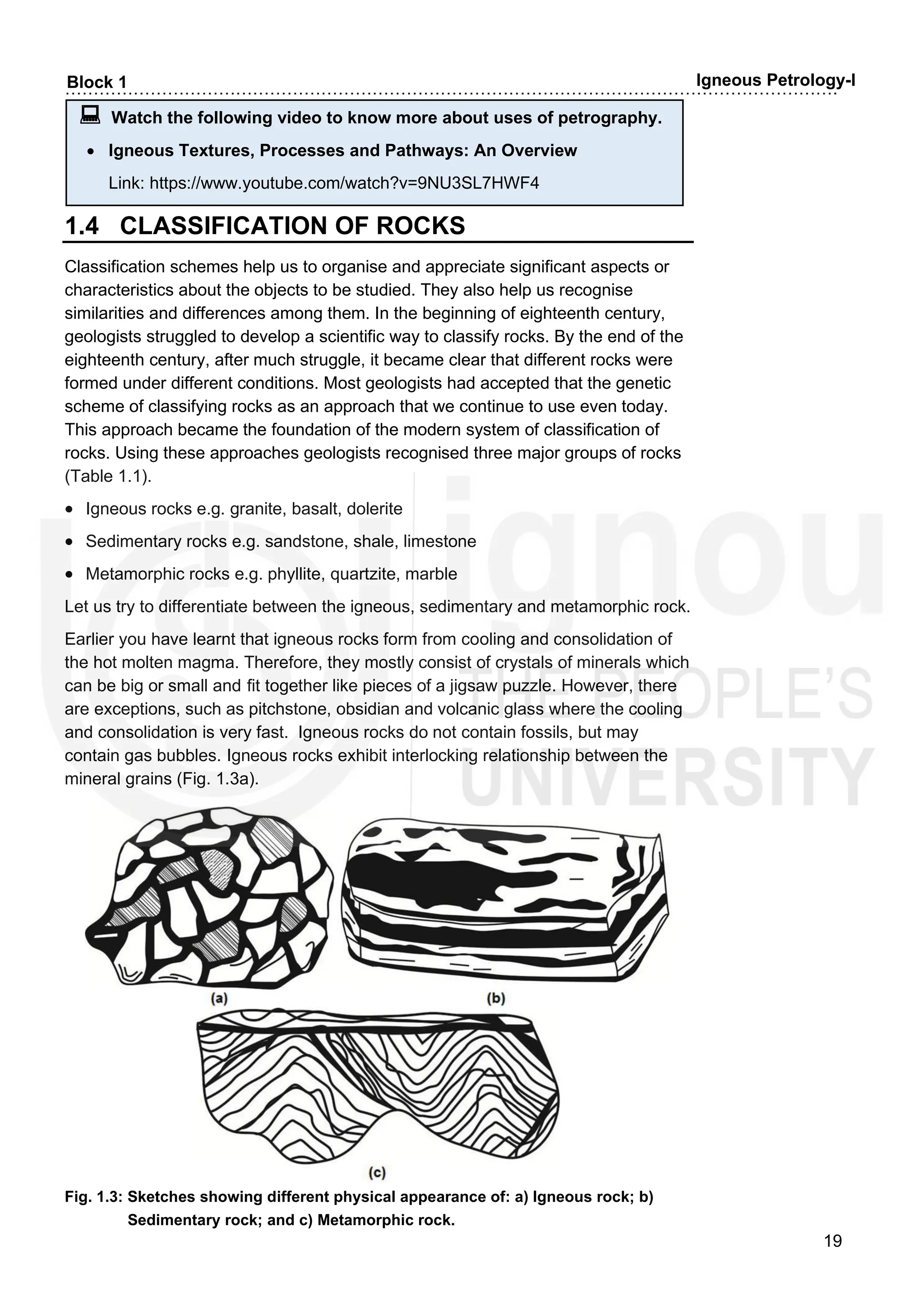 ……………………………………………………………………………………………………………………….
19
Block 1 Igneous Petrology-I
 Watch the following video to know more about uses of petrography.
• Igneous Textures, Processes and Pathways: An Overview
Link: https://www.youtube.com/watch?v=9NU3SL7HWF4
1.4 CLASSIFICATION OF ROCKS
Classification schemes help us to organise and appreciate significant aspects or
characteristics about the objects to be studied. They also help us recognise
similarities and differences among them. In the beginning of eighteenth century,
geologists struggled to develop a scientific way to classify rocks. By the end of the
eighteenth century, after much struggle, it became clear that different rocks were
formed under different conditions. Most geologists had accepted that the genetic
scheme of classifying rocks as an approach that we continue to use even today.
This approach became the foundation of the modern system of classification of
rocks. Using these approaches geologists recognised three major groups of rocks
(Table 1.1).
• Igneous rocks e.g. granite, basalt, dolerite
• Sedimentary rocks e.g. sandstone, shale, limestone
• Metamorphic rocks e.g. phyllite, quartzite, marble
Let us try to differentiate between the igneous, sedimentary and metamorphic rock.
Earlier you have learnt that igneous rocks form from cooling and consolidation of
the hot molten magma. Therefore, they mostly consist of crystals of minerals which
can be big or small and fit together like pieces of a jigsaw puzzle. However, there
are exceptions, such as pitchstone, obsidian and volcanic glass where the cooling
and consolidation is very fast. Igneous rocks do not contain fossils, but may
contain gas bubbles. Igneous rocks exhibit interlocking relationship between the
mineral grains (Fig. 1.3a).
Fig. 1.3: Sketches showing different physical appearance of: a) Igneous rock; b)
Sedimentary rock; and c) Metamorphic rock.
 