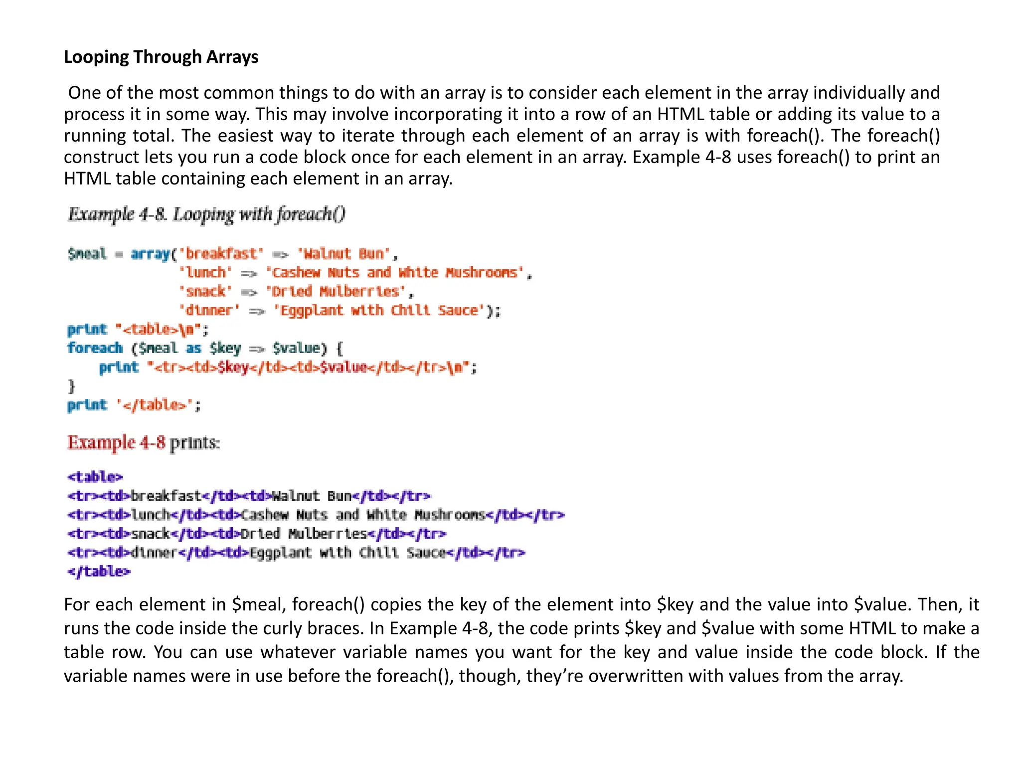 Looping Through Arrays
One of the most common things to do with an array is to consider each element in the array individually and
process it in some way. This may involve incorporating it into a row of an HTML table or adding its value to a
running total. The easiest way to iterate through each element of an array is with foreach(). The foreach()
construct lets you run a code block once for each element in an array. Example 4-8 uses foreach() to print an
HTML table containing each element in an array.
For each element in $meal, foreach() copies the key of the element into $key and the value into $value. Then, it
runs the code inside the curly braces. In Example 4-8, the code prints $key and $value with some HTML to make a
table row. You can use whatever variable names you want for the key and value inside the code block. If the
variable names were in use before the foreach(), though, they’re overwritten with values from the array.
 
