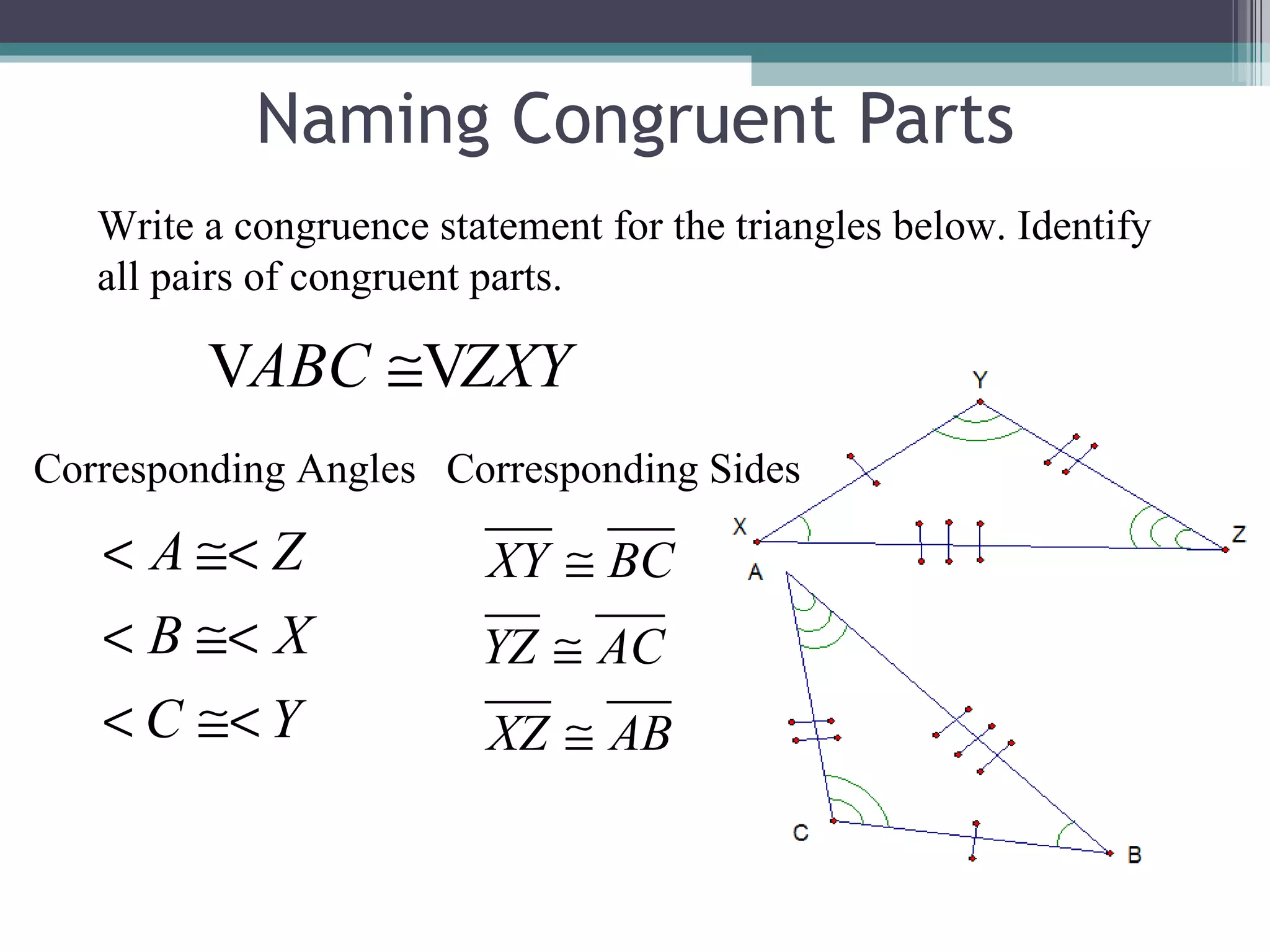 Naming Congruent Parts Write a congruence statement for the triangles below. Identify all pairs of congruent parts. Corresponding Angles Corresponding Sides 