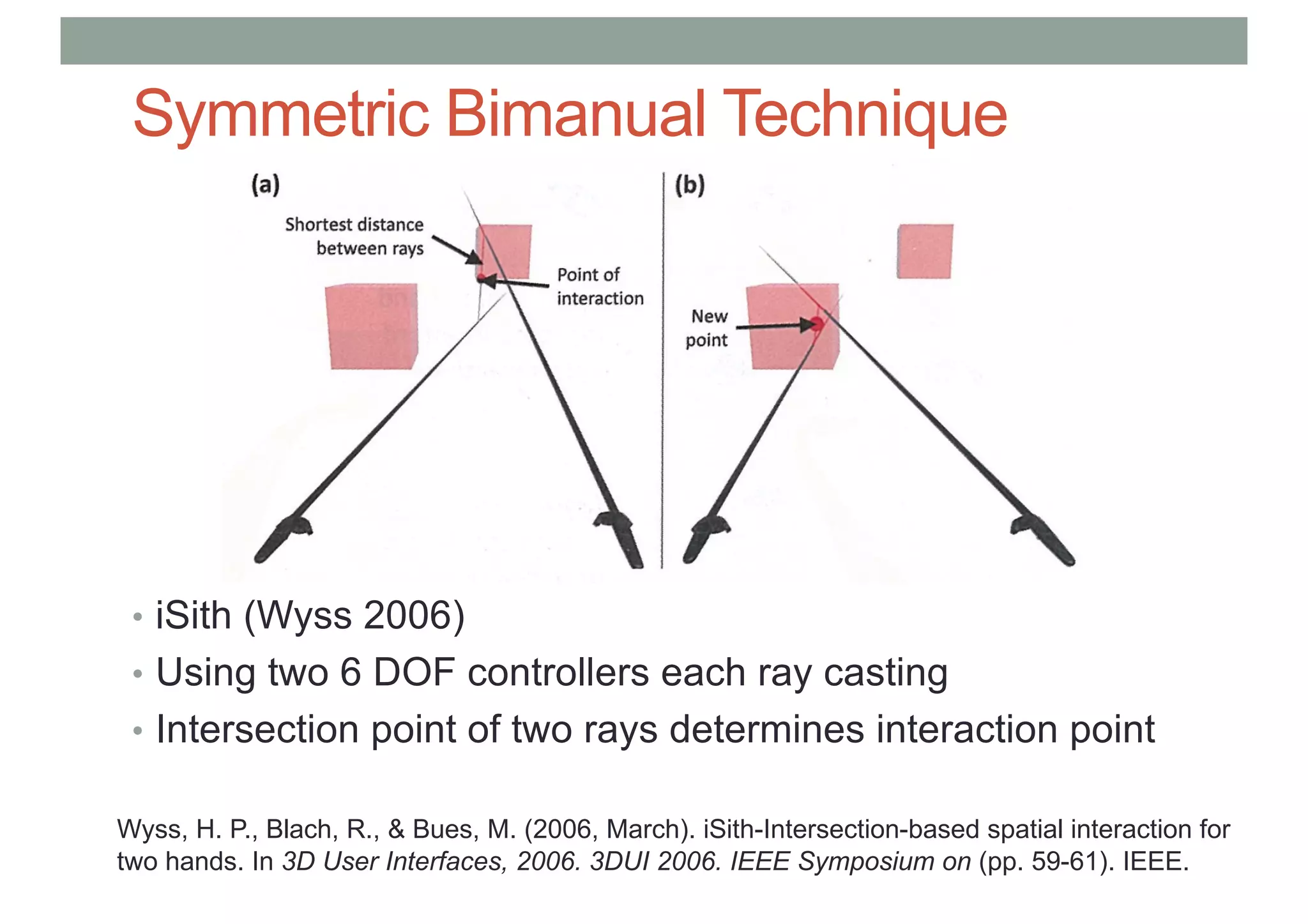 Symmetric Bimanual Technique
• iSith (Wyss 2006)
• Using two 6 DOF controllers each ray casting
• Intersection point of two rays determines interaction point
Wyss, H. P., Blach, R., & Bues, M. (2006, March). iSith-Intersection-based spatial interaction for
two hands. In 3D User Interfaces, 2006. 3DUI 2006. IEEE Symposium on (pp. 59-61). IEEE.