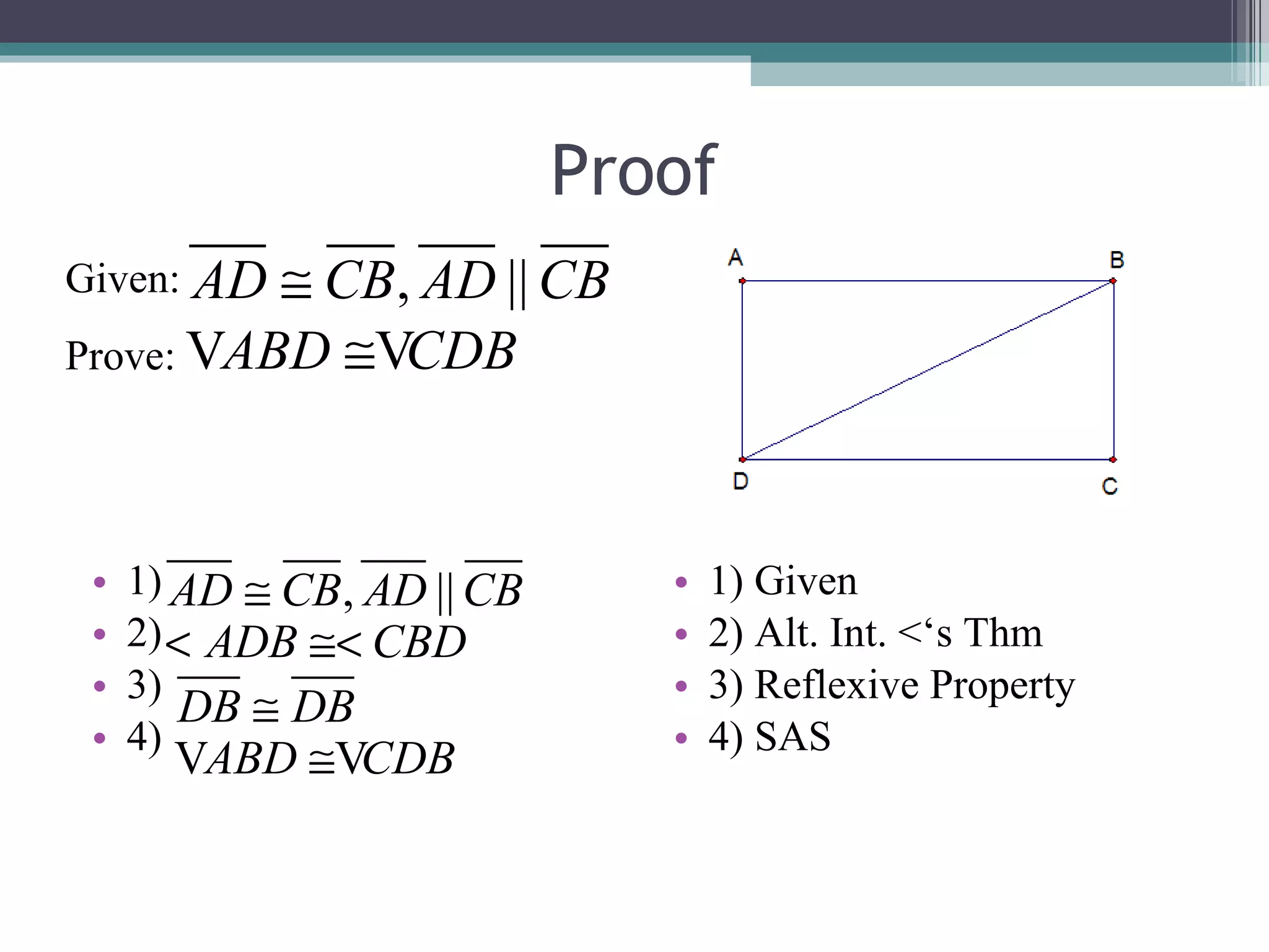 Proof 1) 2) 3) 4) 1) Given 2) Alt. Int. <‘s Thm 3) Reflexive Property 4) SAS Given: Prove: