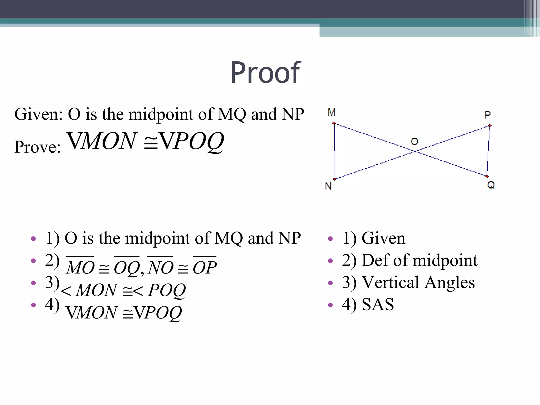 Proof 1) O is the midpoint of MQ and NP 2) 3) 4) 1) Given 2) Def of midpoint 3) Vertical Angles 4) SAS Given: O is the midpoint of MQ and NP Prove: