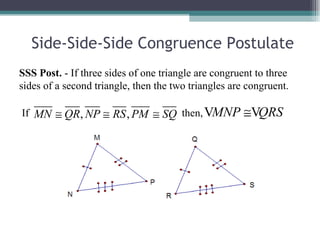 Side-Side-Side Congruence Postulate SSS Post.  - If three sides of one triangle are congruent to three sides of a second triangle, then the two triangles are congruent. If then,  