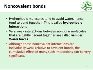 18
Noncovalent bonds
• Hydrophobic molecules tend to avoid water, hence
tend to bond together. This is called hydrophobic
interactions
• Very weak interactions between nonpolar molecules
that are tightly packed together are called van der
Waals forces
• Although these noncovalent interactions are
individually weak relative to covalent bonds, the
cumulative effect of many such interactions can be very
significant.
 