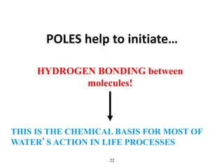 POLES help to initiate…
HYDROGEN BONDING between
molecules!
THIS IS THE CHEMICAL BASIS FOR MOST OF
WATER’S ACTION IN LIFE PROCESSES
22
 