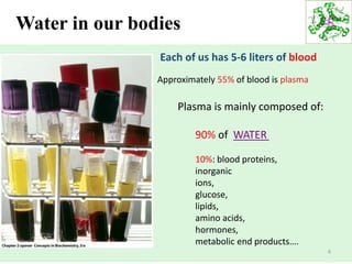 6
Water in our bodies
Approximately 55% of blood is plasma
Plasma is mainly composed of:
90% of WATER
10%: blood proteins,
inorganic
ions,
glucose,
lipids,
amino acids,
hormones,
metabolic end products….
Each of us has 5-6 liters of blood
 