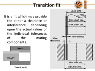 Transition fit
It is a fit which may provide
the either a clearance or
interference, depending
upon the actual values of
the individual tolerances
of the mating
components.
9
 