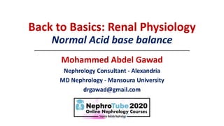 Back to Basics: Renal Physiology
Normal Acid base balance
Mohammed Abdel Gawad
Nephrology Consultant - Alexandria
MD Nephrology - Mansoura University
drgawad@gmail.com
 