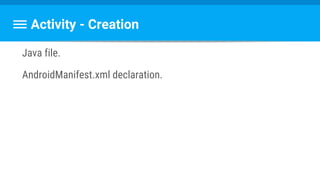 Activity - Creation
Java file.
AndroidManifest.xml declaration.
 