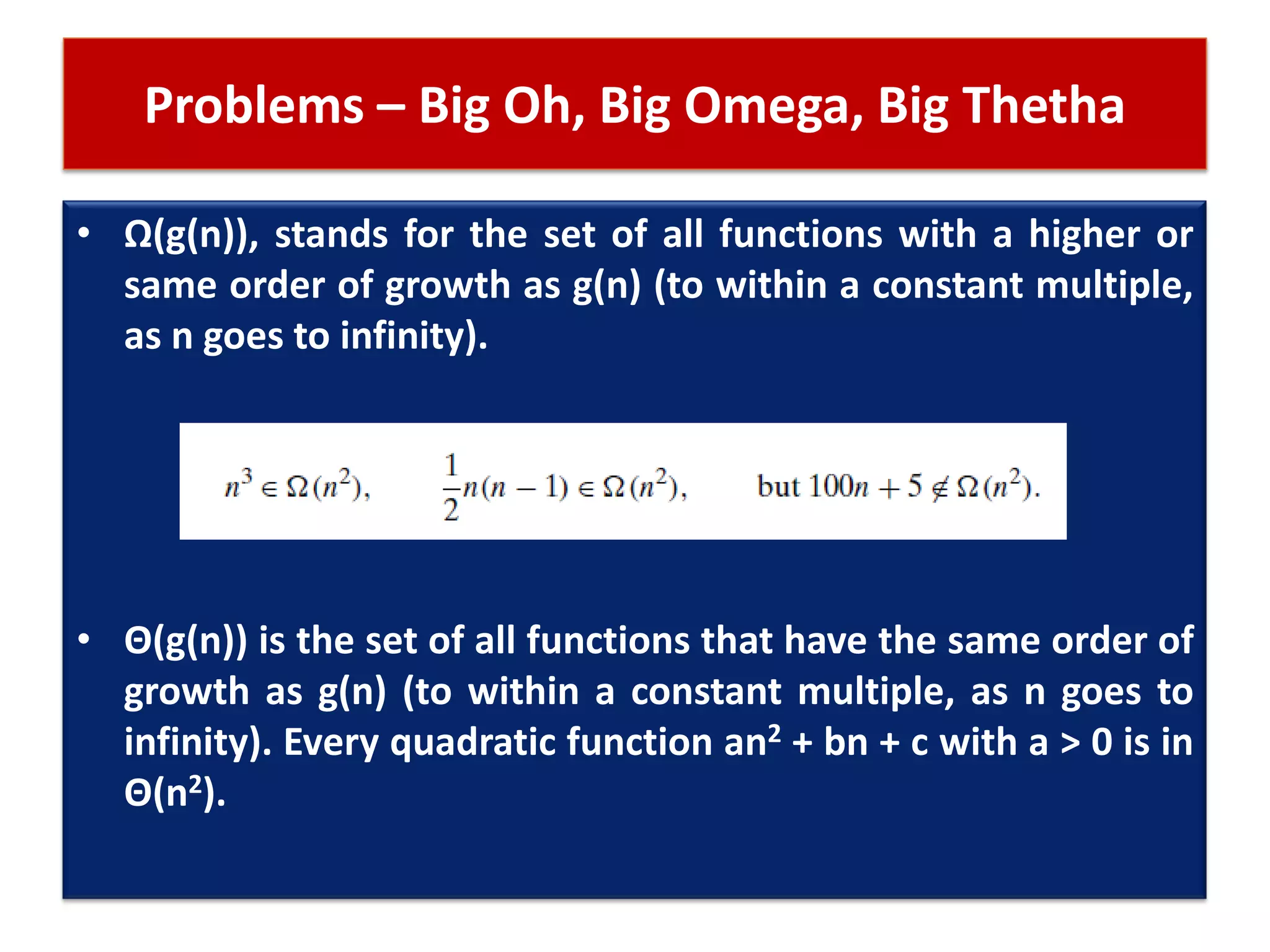 Problems – Big Oh, Big Omega, Big Thetha
• Ω(g(n)), stands for the set of all functions with a higher or
same order of growth as g(n) (to within a constant multiple,
as n goes to infinity).
• Θ(g(n)) is the set of all functions that have the same order of
growth as g(n) (to within a constant multiple, as n goes to
infinity). Every quadratic function an2 + bn + c with a > 0 is in
Θ(n2).
 