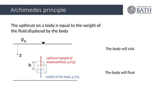 Archimedes principle
The upthrust on a body is equal to the weight of
the fluid displaced by the body
weight of the body, ρb h3
g
upthrust (weight of
displaced fluid, ρf h3
g)
The body will sink
The body will float
 