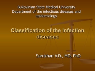 Classification of the infection diseases Sorokhan V.D., MD, PhD Bukovinian State Medical University Department of the infectious diseases and epidemiology 