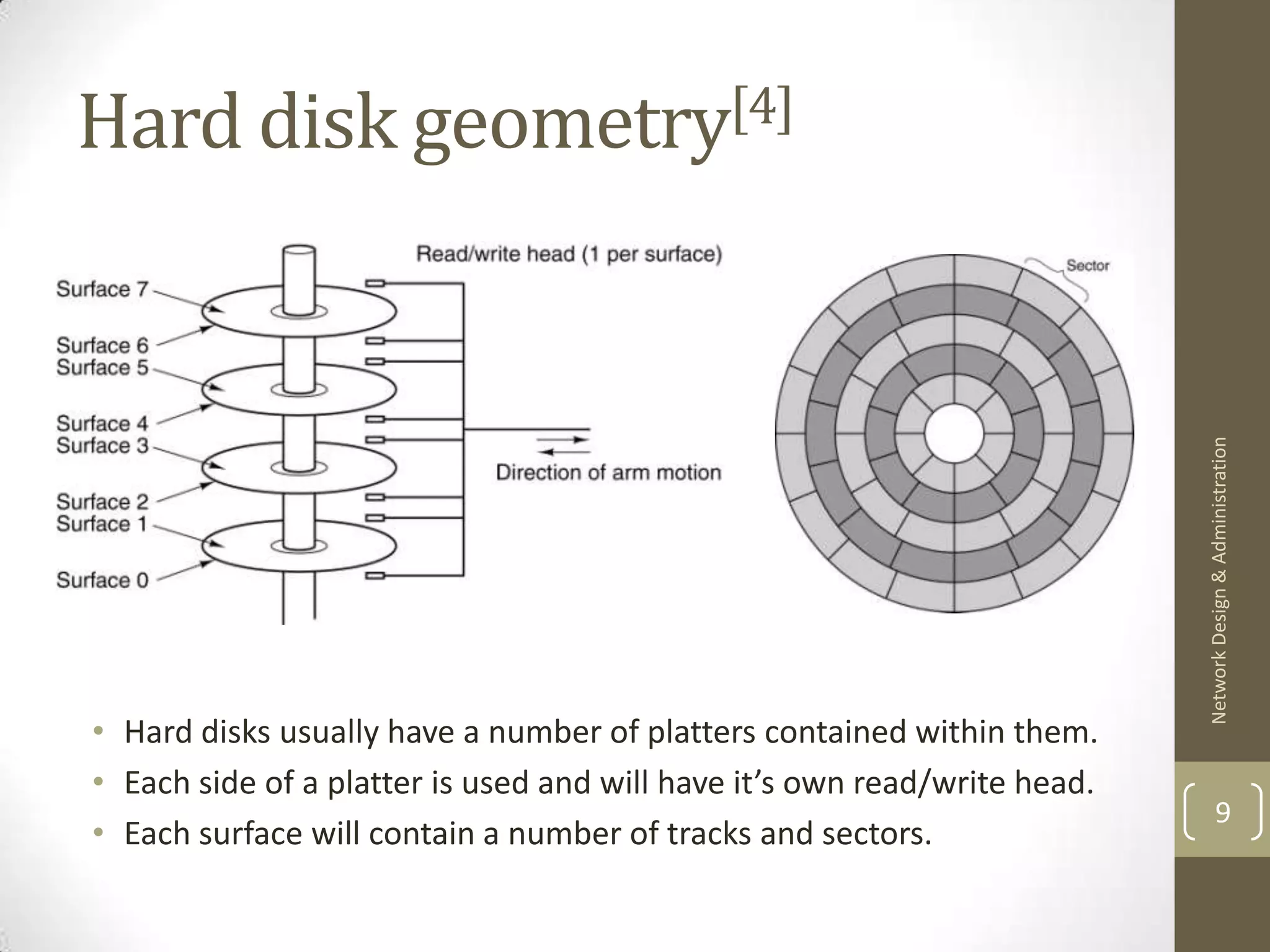 Hard disk geometry[4]




                                                                           Network Design & Administration
• Hard disks usually have a number of platters contained within them.
• Each side of a platter is used and will have it’s own read/write head.
                                                                                   9
• Each surface will contain a number of tracks and sectors.
 