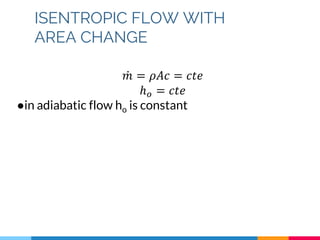 ISENTROPIC FLOW WITH
AREA CHANGE
𝑚 = 𝜌𝐴𝑐 = 𝑐𝑡𝑒
ℎ 𝑜 = 𝑐𝑡𝑒
●in adiabatic flow ho is constant
 
