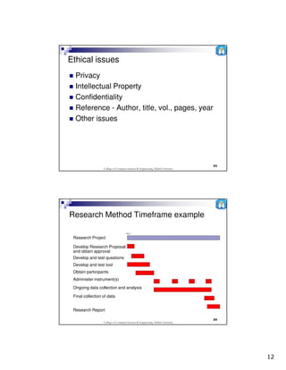 Ethical issues
  Privacy
  Intellectual Property
  Confidentiality
  Reference - Author, title, vol., pages, year
  Other issues




                                                                                 23
                  College of Computer Science & Engineering, Taibah University




Research Method Timeframe example

                                     Day 1

 Research Project

 Develop Research Proposal
 and obtain approval
 Develop and test questions
 Develop and test tool
 Obtain participants
 Administer instrument(s)
 Ongoing data collection and analysis

 Final collection of data


 Research Report

                                                                                 24
                  College of Computer Science & Engineering, Taibah University




                                                                                      12
 