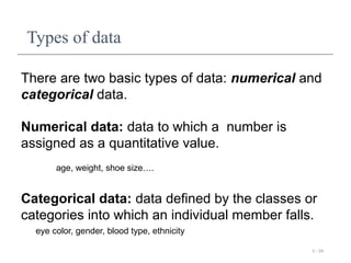 3 - 29
There are two basic types of data: numerical and
categorical data.
Numerical data: data to which a number is
assigned as a quantitative value.
age, weight, shoe size….
Categorical data: data defined by the classes or
categories into which an individual member falls.
eye color, gender, blood type, ethnicity
Types of data
 