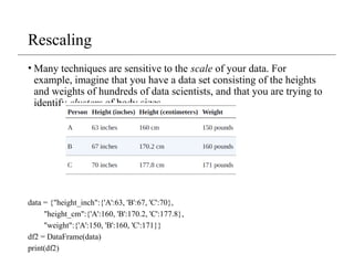Rescaling
• Many techniques are sensitive to the scale of your data. For
example, imagine that you have a data set consisting of the heights
and weights of hundreds of data scientists, and that you are trying to
identify clusters of body sizes.
data = {"height_inch":{'A':63, 'B':67, 'C':70},
"height_cm":{'A':160, 'B':170.2, 'C':177.8},
"weight":{'A':150, 'B':160, 'C':171}}
df2 = DataFrame(data)
print(df2)
 