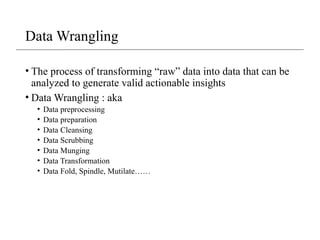 Data Wrangling
• The process of transforming “raw” data into data that can be
analyzed to generate valid actionable insights
• Data Wrangling : aka
• Data preprocessing
• Data preparation
• Data Cleansing
• Data Scrubbing
• Data Munging
• Data Transformation
• Data Fold, Spindle, Mutilate……
 
