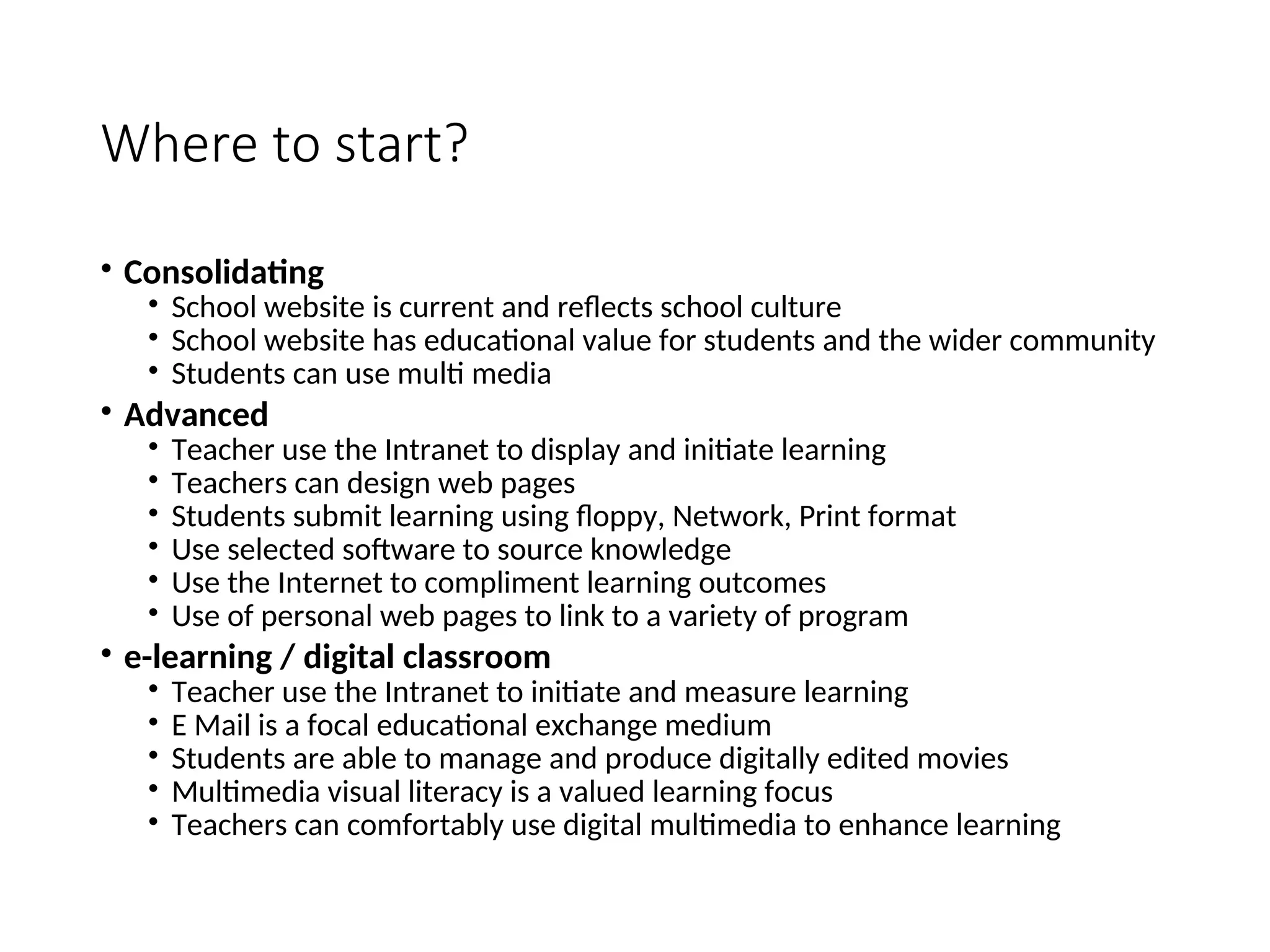 Where to start?
• Consolidating
• School website is current and reflects school culture
• School website has educational value for students and the wider community
• Students can use multi media
• Advanced
• Teacher use the Intranet to display and initiate learning
• Teachers can design web pages
• Students submit learning using floppy, Network, Print format
• Use selected software to source knowledge
• Use the Internet to compliment learning outcomes
• Use of personal web pages to link to a variety of program
• e-learning / digital classroom
• Teacher use the Intranet to initiate and measure learning
• E Mail is a focal educational exchange medium
• Students are able to manage and produce digitally edited movies
• Multimedia visual literacy is a valued learning focus
• Teachers can comfortably use digital multimedia to enhance learning
 