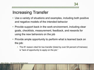 Increasing Transfer
• Use a variety of situations and examples, including both positive
and negative models of the intended behavior
• Provide support back in the work environment, including clear
goals, checklists, measurement, feedback, and rewards for
using the new behaviors on the job
• Provide ample opportunity to perform what is learned back on
the job:
• The #1 reason cited for low transfer (listed by over 64 percent of trainees)
is “lack of opportunity to apply on the job.”
34
Allen Grabo – VU University Amsterdam
 