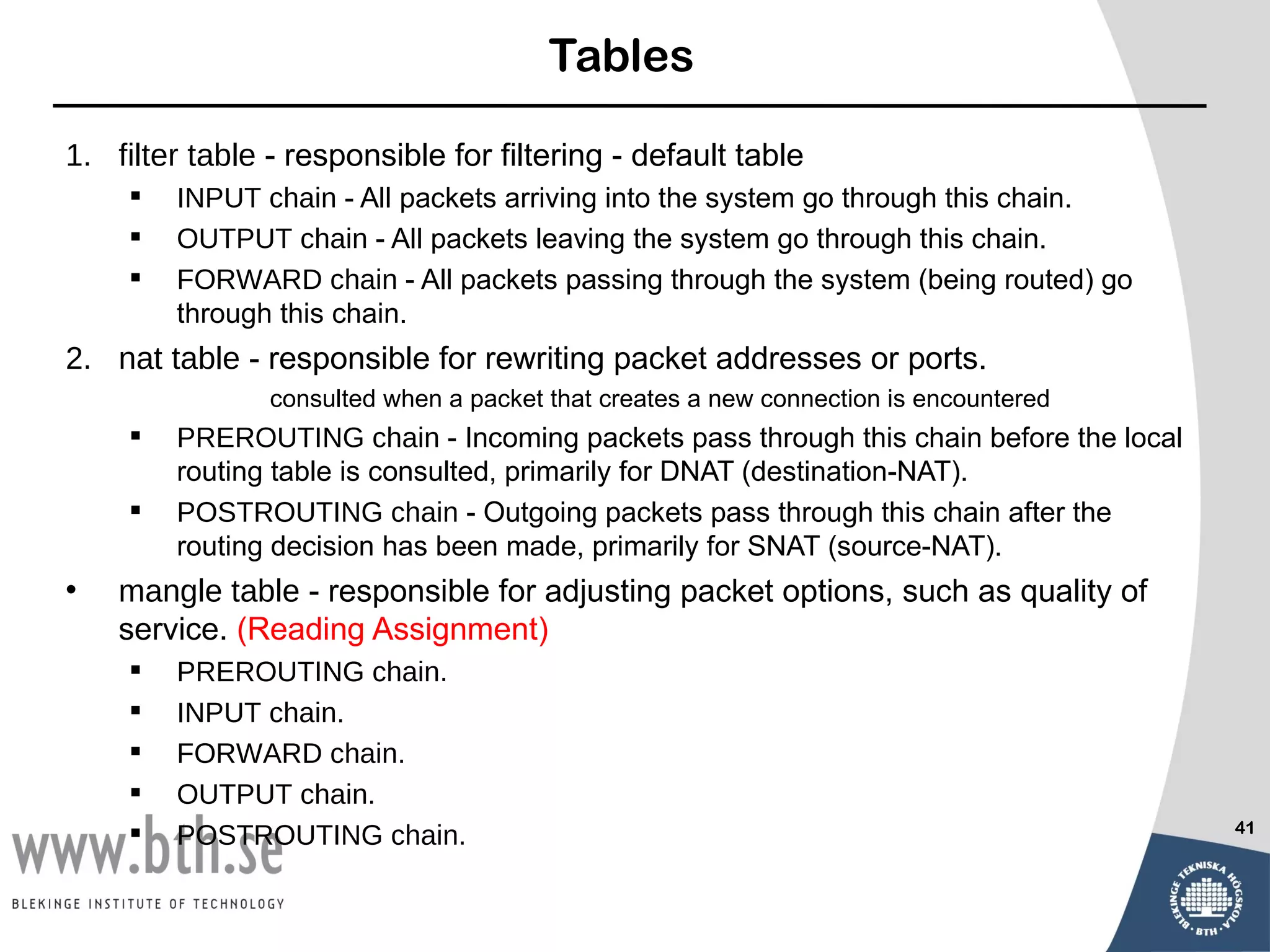 Tables

1. filter table - responsible for filtering - default table
        INPUT chain - All packets arriving into the system go through this chain.
        OUTPUT chain - All packets leaving the system go through this chain.
        FORWARD chain - All packets passing through the system (being routed) go
         through this chain.
2. nat table - responsible for rewriting packet addresses or ports.
                consulted when a packet that creates a new connection is encountered
        PREROUTING chain - Incoming packets pass through this chain before the local
         routing table is consulted, primarily for DNAT (destination-NAT).
        POSTROUTING chain - Outgoing packets pass through this chain after the
         routing decision has been made, primarily for SNAT (source-NAT).
•   mangle table - responsible for adjusting packet options, such as quality of
    service. (Reading Assignment)
        PREROUTING chain.
        INPUT chain.
        FORWARD chain.
        OUTPUT chain.
                                                                                        41
        POSTROUTING chain.
 