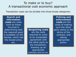 To make or to buy? 
A transactional cost economic approach 
Transaction costs can be divided into three broad categories: 
Search and 
information 
costs are costs 
such as those 
incurred in 
determining that 
the required good 
is available on the 
market, which has 
the lowest price, 
etc. 
Bargaining costs 
are the costs 
required to come 
to an acceptable 
agreement with 
the other party to 
the transaction, 
drawing up an 
appropriate 
contract and so on. 
Policing and 
enforcement 
costs are the 
costs of making 
sure the other 
party sticks to the 
terms of the 
contract, and 
taking 
appropriate 
action. 
 