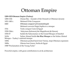 Ottoman Empire
1289-1923 Ottoman Empire (Turkey)
1280-1326 Osman Bey – founder of the Osmanli or Ottoman dynasty
1451-1481 r. Mehmed II the Conqueror
1453 Ottoman conquest of Constantinople
Mehmed converts Hagia Sophia to a mosque
1516 Turks conquer Cairo & Egypt
1520-1566 r. Suleyman (Solomon) the Magnificent (& Harem)
1550-57 builds the Suleymaniye or the Grand Mosque of Istanbul
1610s Sultan Ahmed builds the Blue Mosque or the Sultan Ahmed
Mosque – Turkey’s national mosque
1680s Ottomans pushed back from Vienna, stops Ottoman expansion
1800s Ottoms lose Greece, Serbia & Egypt
1908“Proclamation of the Young Turks”
Powerful empire, with great contributions to art & architecture
 