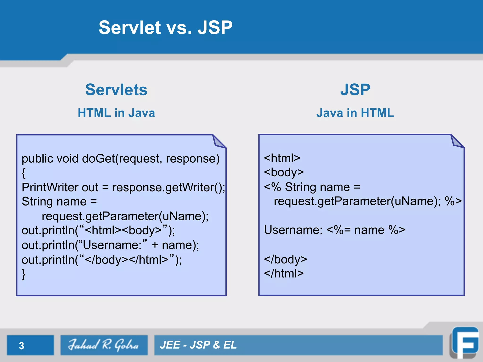 Servlet vs. JSP
3 JEE - JSP & EL
<html>
<body>
<% String name =
request.getParameter(uName); %>
Username: <%= name %>
</body>
</html>
public void doGet(request, response)
{
PrintWriter out = response.getWriter();
String name =
request.getParameter(uName);
out.println( <html><body> );
out.println(”Username: + name);
out.println( </body></html> );
}
Servlets
HTML in Java
JSP
Java in HTML
 