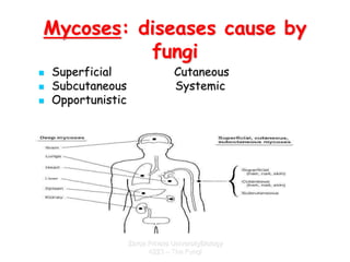 Zarqa Private UniversityBiology
4223 – The Fungi
Mycoses: diseases cause by
fungi
 Superficial Cutaneous
 Subcutaneous S...