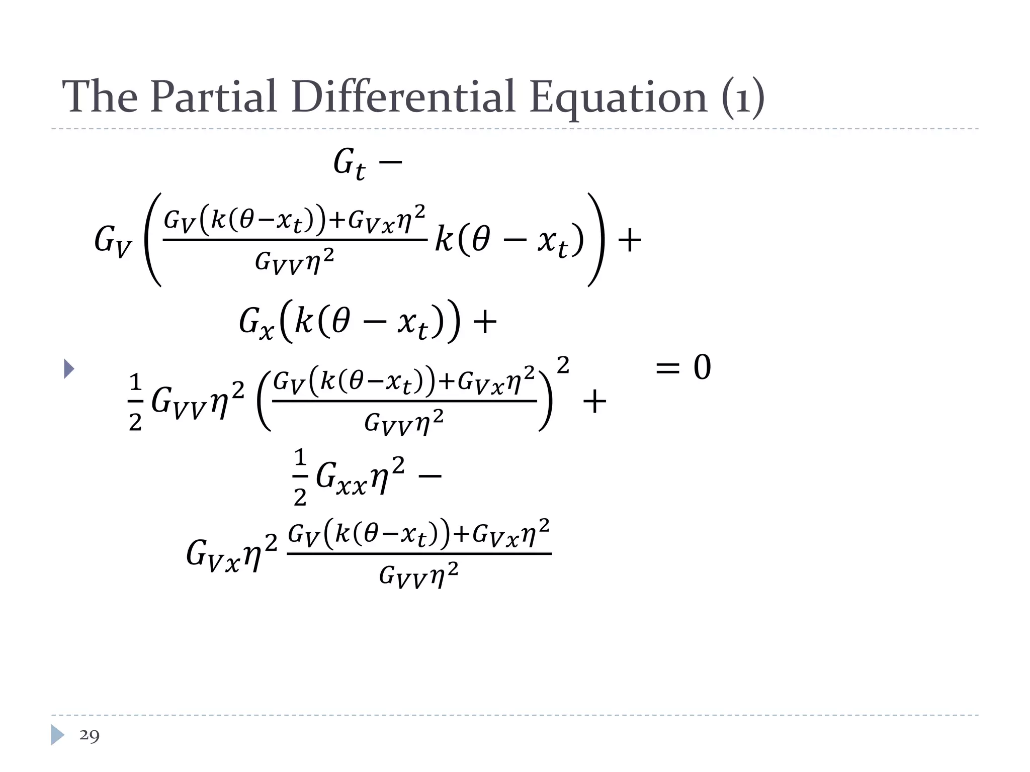 The Partial Differential Equation (1)

𝐺𝑡 −
𝐺 𝑉
𝐺 𝑉 𝑘 𝜃−𝑥 𝑡 +𝐺 𝑉𝑉 𝜂2
𝐺 𝑉𝑉 𝜂2 𝑘 𝜃 − 𝑥 𝑡 +
𝐺 𝑥 𝑘 𝜃 − 𝑥 𝑡 +
1
2
𝐺 𝑉𝑉 𝜂2 𝐺 𝑉 𝑘 𝜃−𝑥 𝑡 +𝐺 𝑉𝑉 𝜂2
𝐺 𝑉𝑉 𝜂2
2
+
1
2
𝐺 𝑥𝑥 𝜂2
−
𝐺 𝑉𝑉 𝜂2 𝐺 𝑉 𝑘 𝜃−𝑥 𝑡 +𝐺 𝑉𝑉 𝜂2
𝐺 𝑉𝑉 𝜂2
= 0
29
 