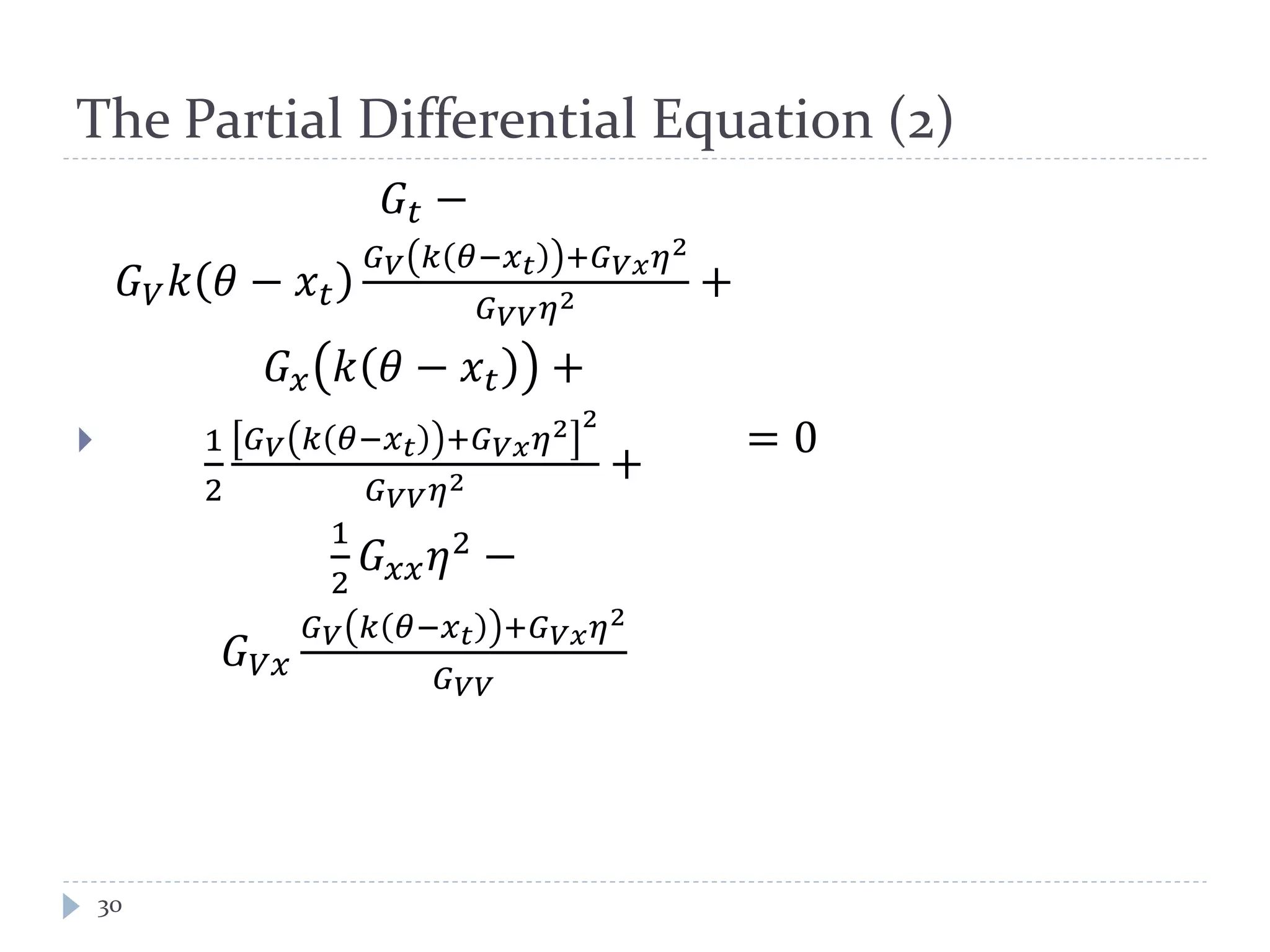 The Partial Differential Equation (2)

𝐺𝑡 −
𝐺 𝑉 𝑘 𝜃 − 𝑥 𝑡
𝐺 𝑉 𝑘 𝜃−𝑥 𝑡 +𝐺 𝑉𝑉 𝜂2
𝐺 𝑉𝑉 𝜂2 +
𝐺 𝑥 𝑘 𝜃 − 𝑥 𝑡 +
1
2
𝐺 𝑉 𝑘 𝜃−𝑥 𝑡 +𝐺 𝑉𝑉 𝜂2 2
𝐺 𝑉𝑉 𝜂2 +
1
2
𝐺 𝑥𝑥 𝜂2
−
𝐺 𝑉𝑉
𝐺 𝑉 𝑘 𝜃−𝑥 𝑡 +𝐺 𝑉𝑉 𝜂2
𝐺 𝑉𝑉
= 0
30
 