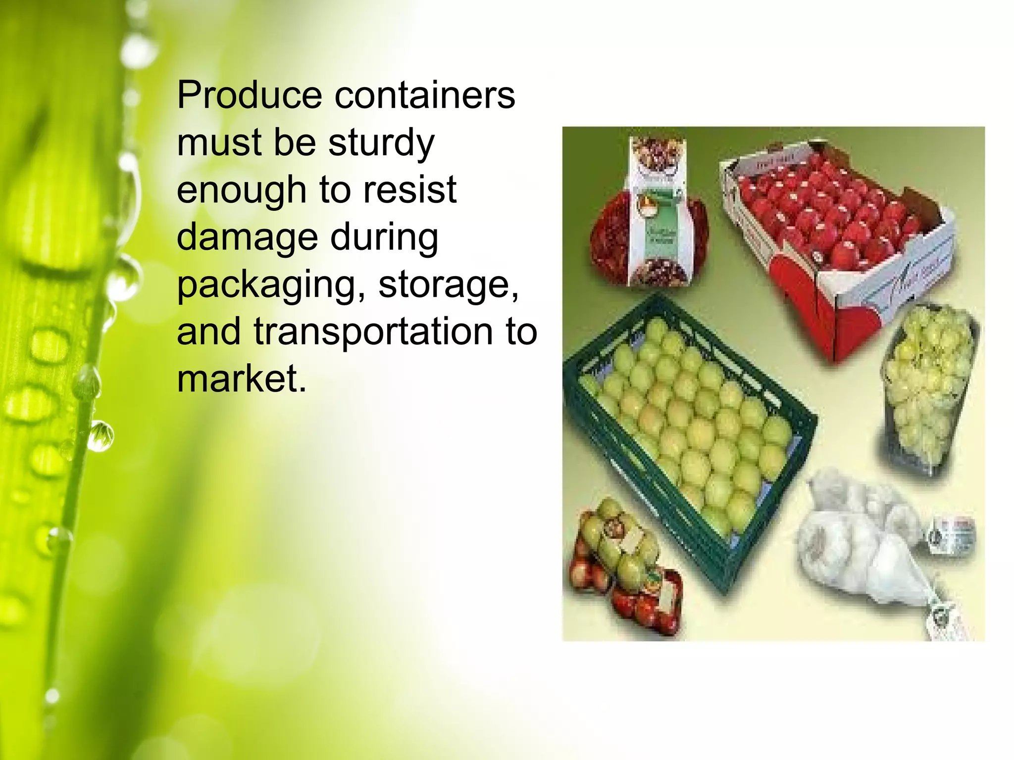 Produce containers
must be sturdy
enough to resist
damage during
packaging, storage,
and transportation to
market.
 