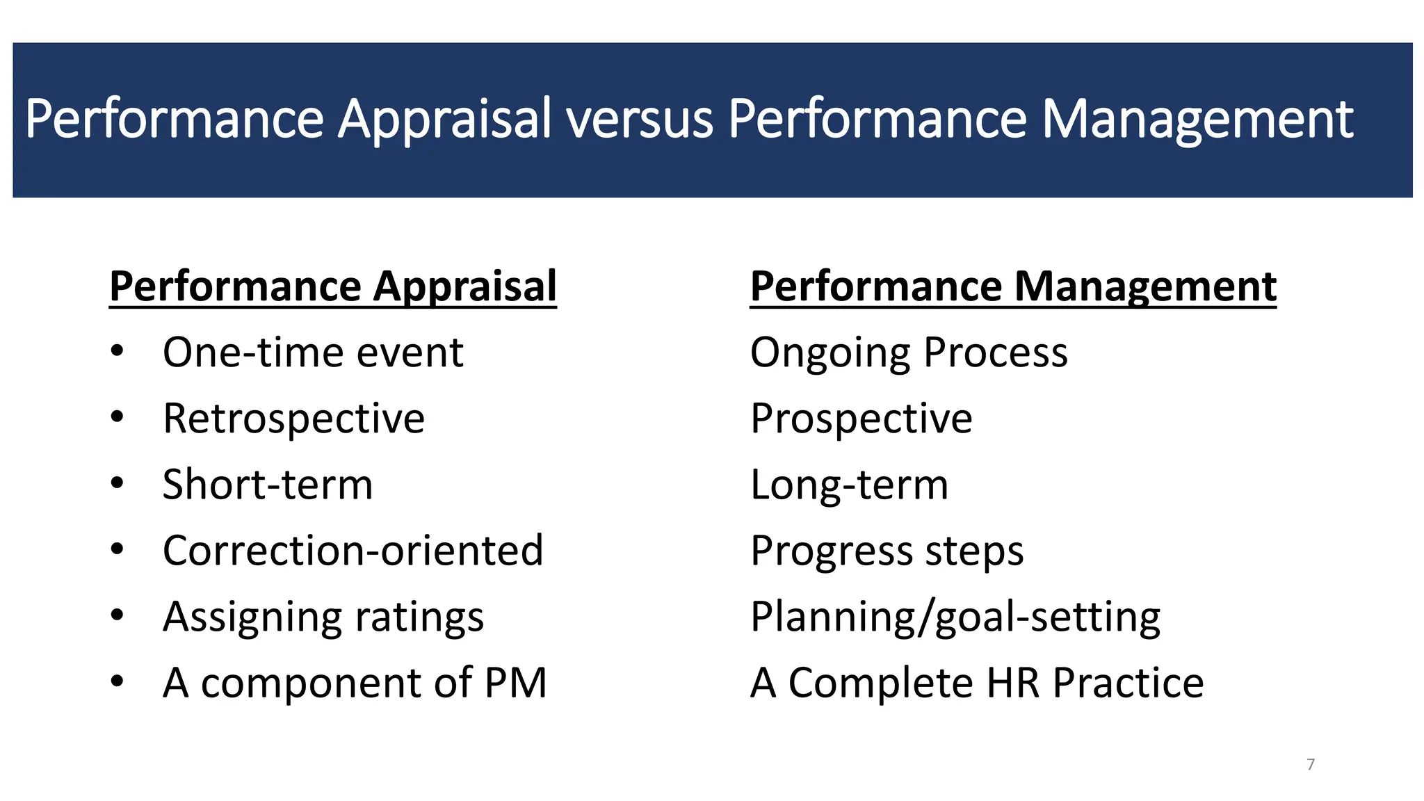 Performance Appraisal versus Performance Management
Performance Appraisal Performance Management
• One-time event Ongoing Process
• Retrospective Prospective
• Short-term Long-term
• Correction-oriented Progress steps
• Assigning ratings Planning/goal-setting
• A component of PM A Complete HR Practice
7
 