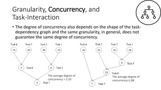 Granularity, Concurrency, and
Task-Interaction
• The degree of concurrency also depends on the shape of the task-
dependency graph and the same granularity, in general, does not
guarantee the same degree of concurrency.
The average degree of
concurrency = 2.33
The average degree of
concurrency=1.88
 