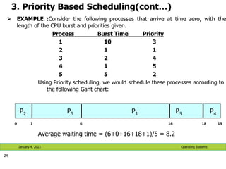 3. Priority Based Scheduling(cont…)
 EXAMPLE :Consider the following processes that arrive at time zero, with the
length of the CPU burst and priorities given.
Process Burst Time Priority
1 10 3
2 1 1
3 2 4
4 1 5
5 5 2
Using Priority scheduling, we would schedule these processes according to
the following Gant chart:
Average waiting time = (6+0+16+18+1)/5 = 8.2
Operating Systems
24
P2 P5 P1 P3 P4
19
18
16
6
1
0
January 4, 2023
 