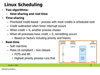 Linux Scheduling
January 4, 2023 35
Operating Systems
• Two algorithms:
• time-sharing and real-time
• Time-sharing
– Prioritized credit-based – process with most credits is scheduled next
– Credit subtracted when timer interrupt occurs
– When credit = 0, another process chosen
– When all processes have credit = 0, recrediting occurs
• Based on factors including priority and history
• Real-time
– Soft real-time
– Posix.1b compliant – two classes
• FCFS and RR
• Highest priority process runs first
 