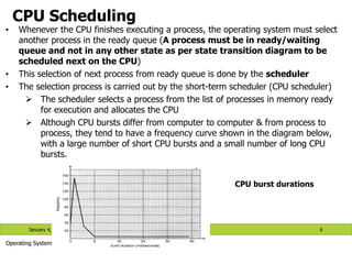 CPU Scheduling
• Whenever the CPU finishes executing a process, the operating system must select
another process in the ready queue (A process must be in ready/waiting
queue and not in any other state as per state transition diagram to be
scheduled next on the CPU)
• This selection of next process from ready queue is done by the scheduler
• The selection process is carried out by the short-term scheduler (CPU scheduler)
 The scheduler selects a process from the list of processes in memory ready
for execution and allocates the CPU
 Although CPU bursts differ from computer to computer & from process to
process, they tend to have a frequency curve shown in the diagram below,
with a large number of short CPU bursts and a small number of long CPU
bursts.
January 4, 2023 6
Operating Systems
CPU burst durations
 