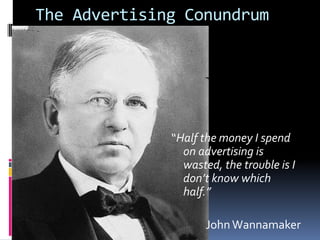 The Advertising Conundrum

“Half the money I spend
on advertising is
wasted, the trouble is I
don’t know which
half.”

Joh...