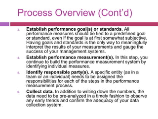 Process Overview (Cont’d)
3. Establish performance goal(s) or standards. All
performance measures should be tied to a predefined goal
or standard, even if the goal is at first somewhat subjective.
Having goals and standards is the only way to meaningfully
interpret the results of your measurements and gauge the
success of your management systems.
4. Establish performance measurement(s). In this step, you
continue to build the performance measurement system by
identifying individual measures.
5. Identify responsible party(s). A specific entity (as in a
team or an individual) needs to be assigned the
responsibilities for each of the steps in the performance
measurement process.
6. Collect data. In addition to writing down the numbers, the
data need to be pre-analyzed in a timely fashion to observe
any early trends and confirm the adequacy of your data
collection system.
 