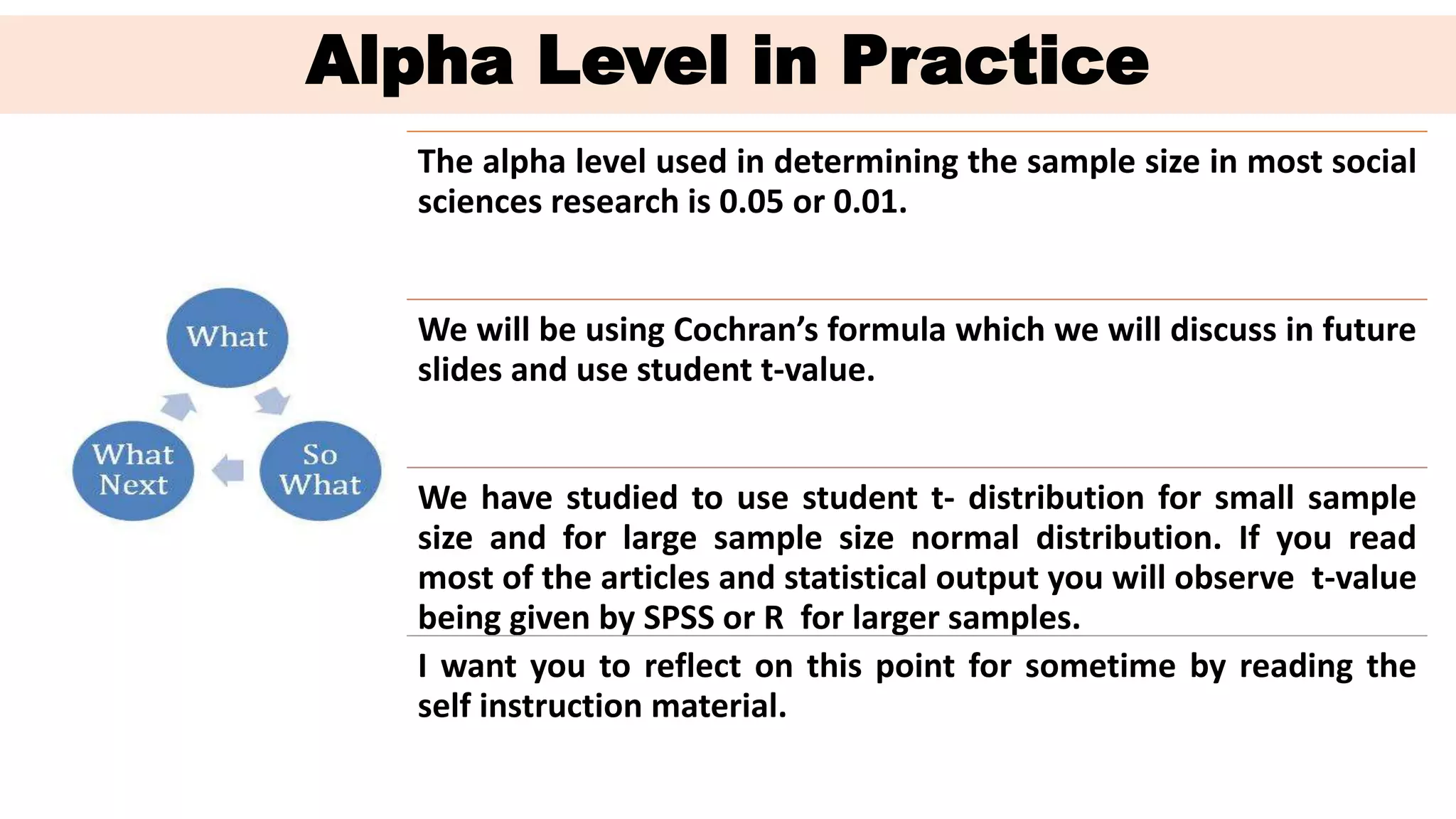 Alpha Level in Practice
The alpha level used in determining the sample size in most social
sciences research is 0.05 or 0.01.
We will be using Cochran’s formula which we will discuss in future
slides and use student t-value.
We have studied to use student t- distribution for small sample
size and for large sample size normal distribution. If you read
most of the articles and statistical output you will observe t-value
being given by SPSS or R for larger samples.
I want you to reflect on this point for sometime by reading the
self instruction material.
 