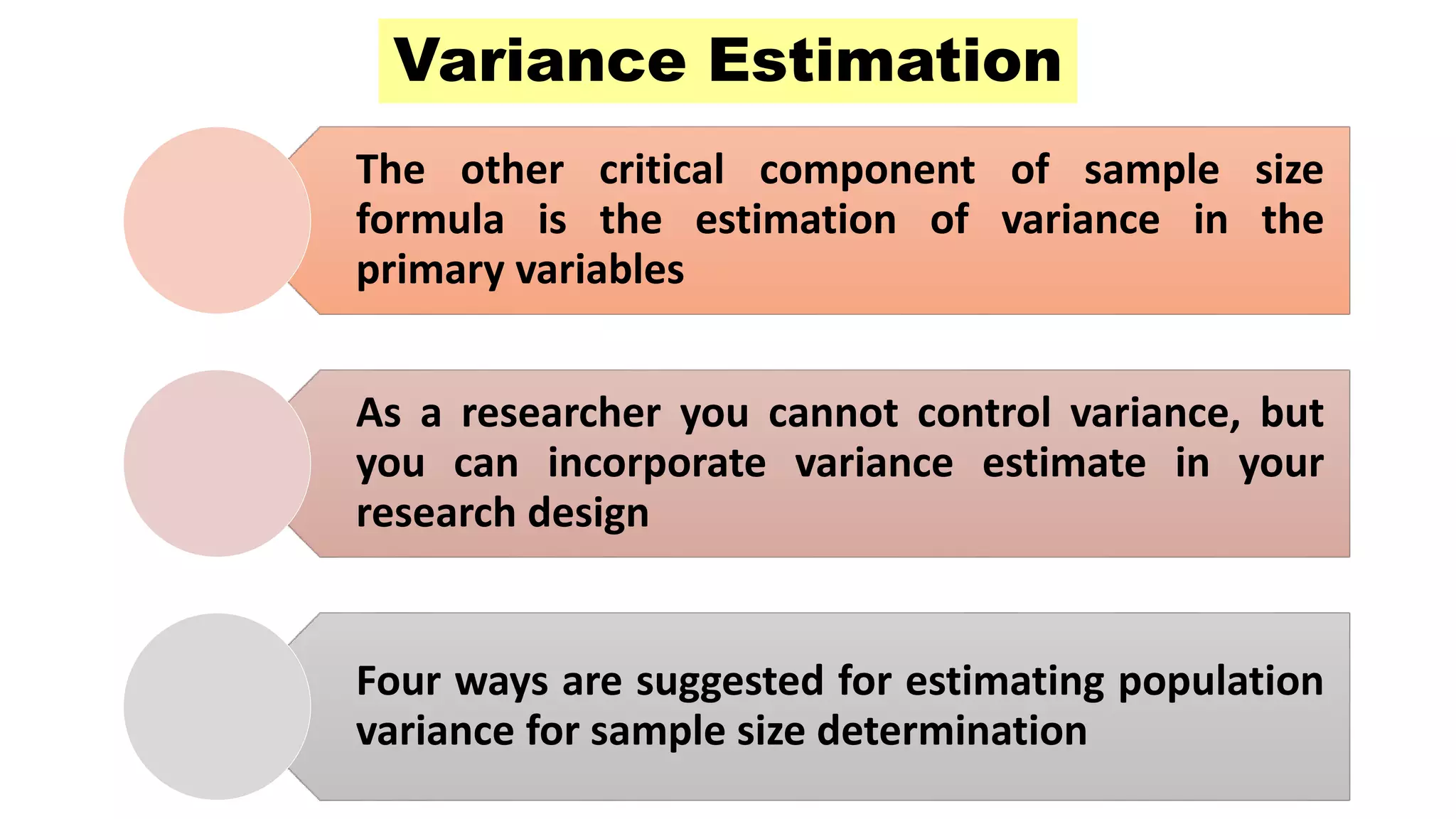 The other critical component of sample size
formula is the estimation of variance in the
primary variables
As a researcher you cannot control variance, but
you can incorporate variance estimate in your
research design
Four ways are suggested for estimating population
variance for sample size determination
Variance Estimation
 