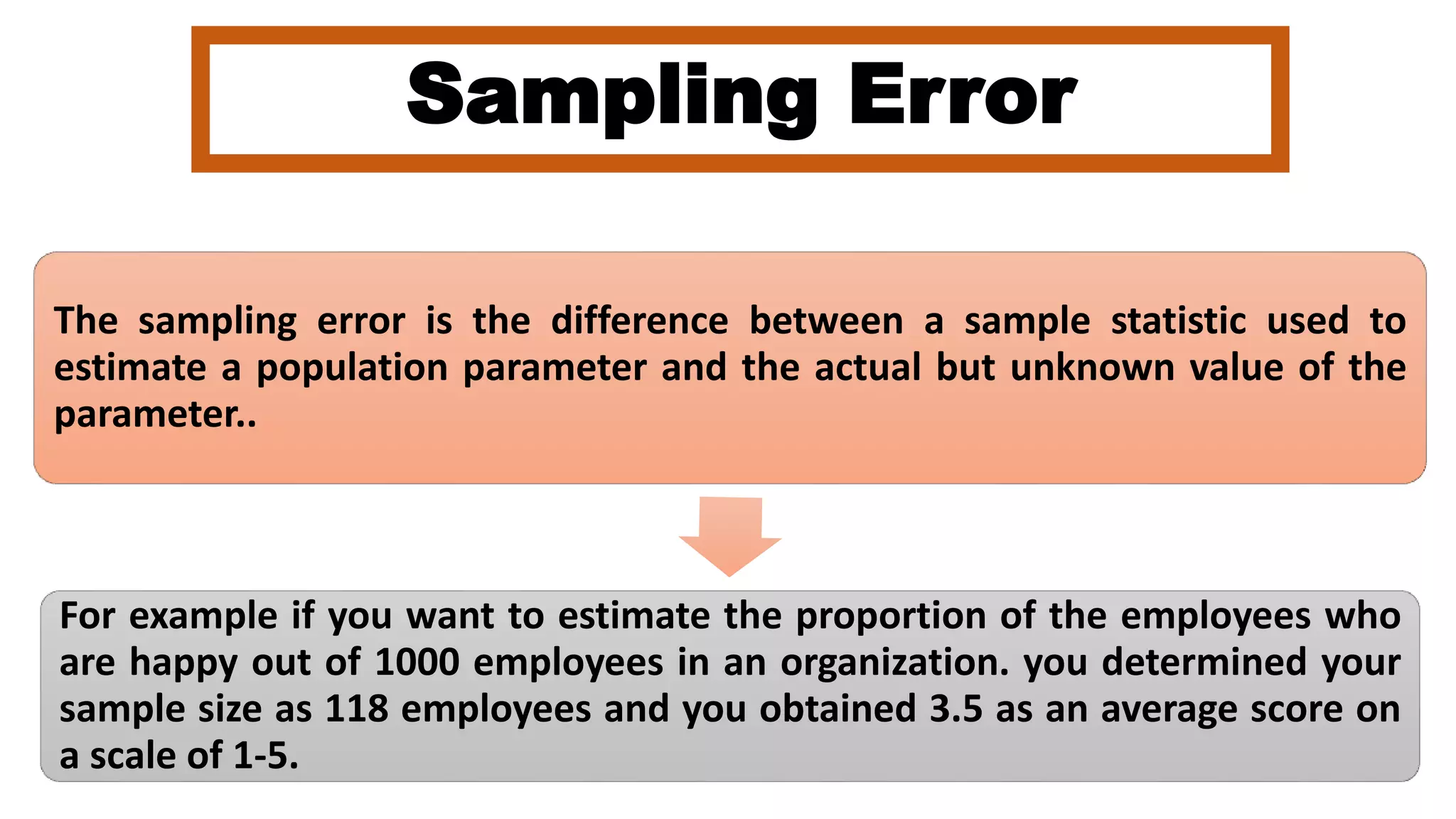 Sampling Error
The sampling error is the difference between a sample statistic used to
estimate a population parameter and the actual but unknown value of the
parameter..
For example if you want to estimate the proportion of the employees who
are happy out of 1000 employees in an organization. you determined your
sample size as 118 employees and you obtained 3.5 as an average score on
a scale of 1-5.
 