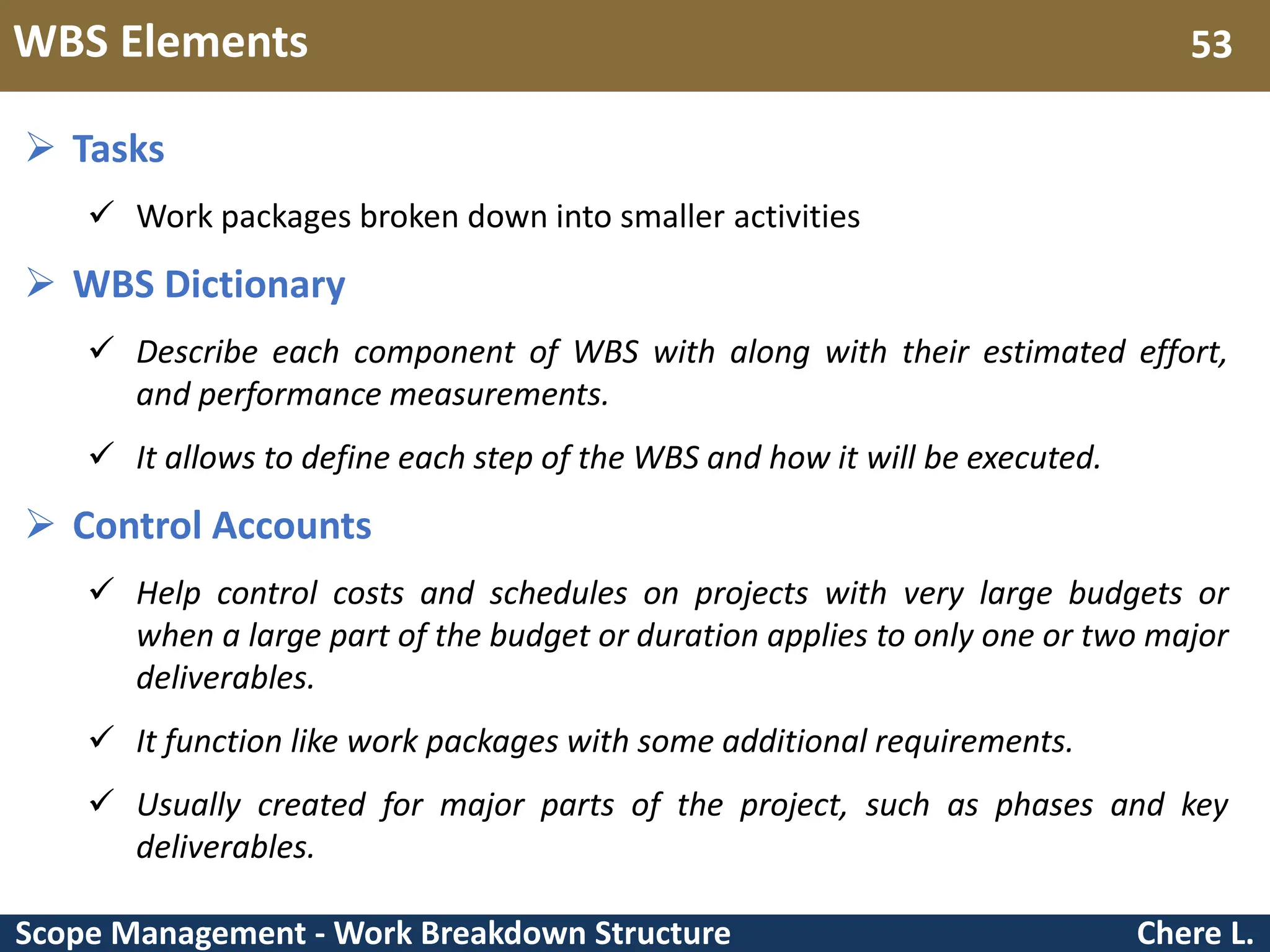 Scope Management - Work Breakdown Structure WBS Elements Chere L. 53  Tasks  Work packages broken down into smaller activities  WBS Dictionary  Describe each component of WBS with along with their estimated effort, and performance measurements.  It allows to define each step of the WBS and how it will be executed.  Control Accounts  Help control costs and schedules on projects with very large budgets or when a large part of the budget or duration applies to only one or two major deliverables.  It function like work packages with some additional requirements.  Usually created for major parts of the project, such as phases and key deliverables. 