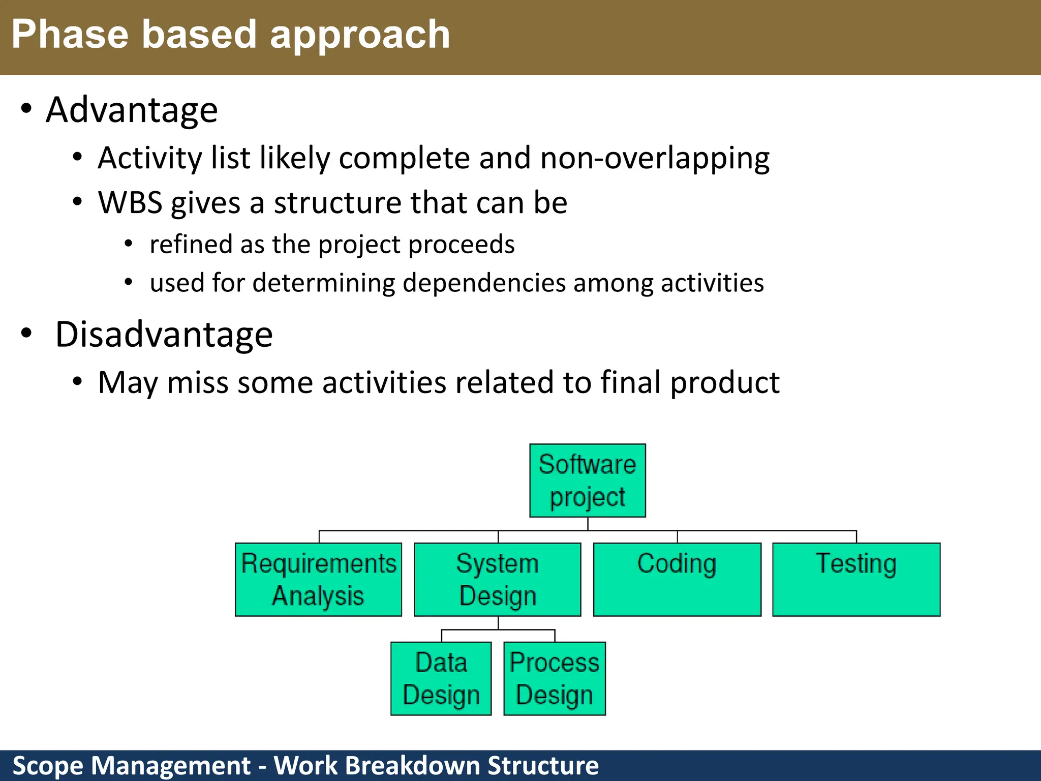 Scope Management - Work Breakdown Structure Phase based approach • Advantage • Activity list likely complete and non-overlapping • WBS gives a structure that can be • refined as the project proceeds • used for determining dependencies among activities • Disadvantage • May miss some activities related to final product 